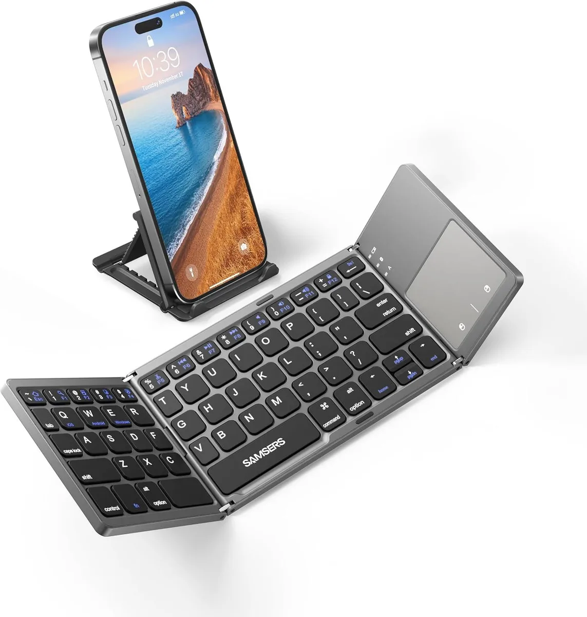 Dark gray matte foldable keyboard with integrated touchpad and phone stand holder