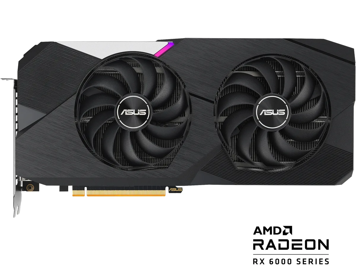 ASUS Dual Radeon graphics card, two axial fans, dark metal shroud, 2.7-slot ATX form factor