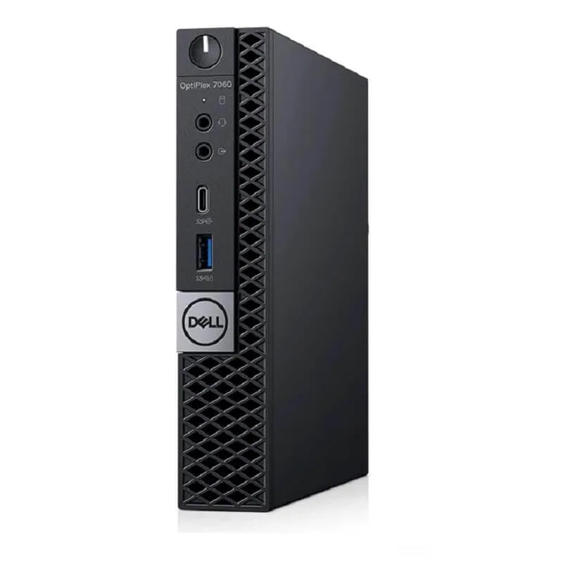 Compact black micro desktop, small square chassis, minimal front ports visible