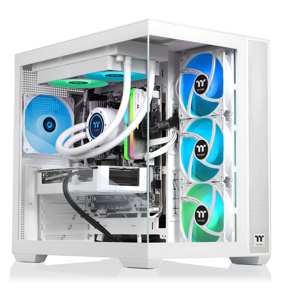 White mid-tower gaming PC with tempered glass side panel and ARGB liquid cooling visible