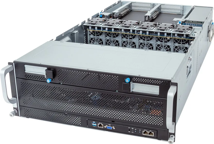 Open-box GIGABYTE G493-ZB0-AAP1-L1002 2U rack server, matte black metal chassis with front drive bays and rear I/O panel