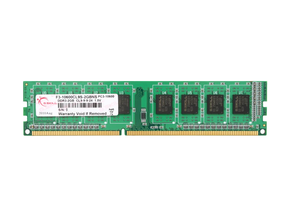 Green PCB memory module with black DRAM chips and gold edge contacts