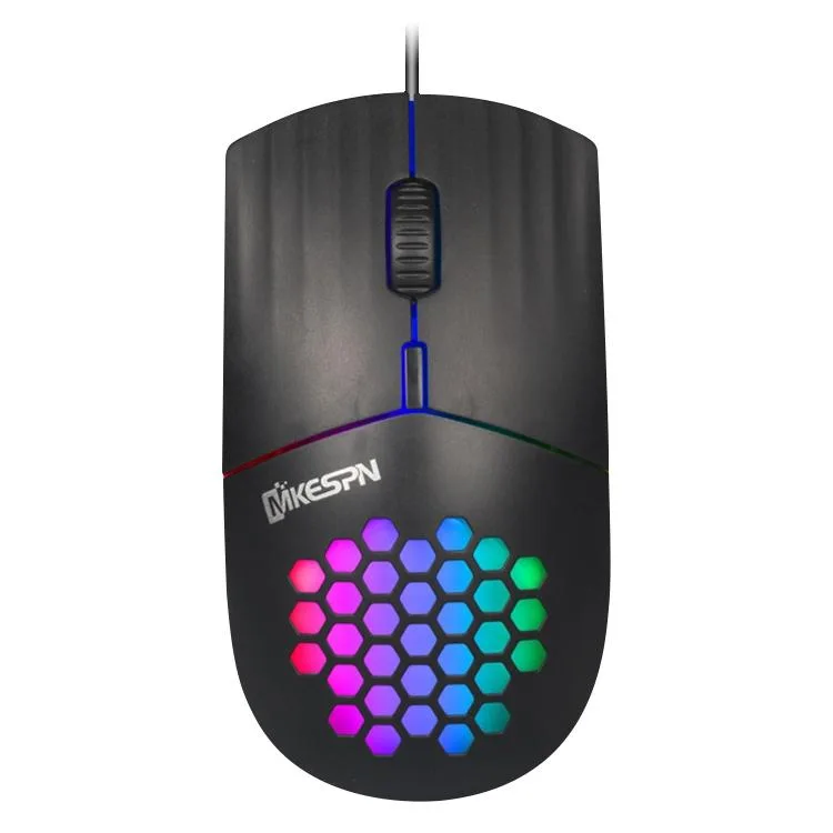 Black wired gaming mouse with honeycomb shell and RGB lighting