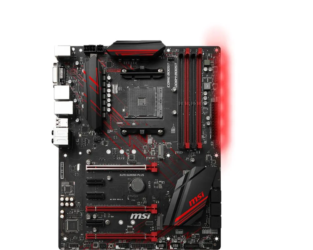 ATX motherboard black PCB silver heatsinks AM4 socket four RAM slots two full-length PCIe slots six SATA ports rear I/O shield included
