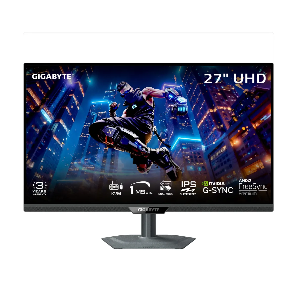 Black 27-inch flat gaming monitor on adjustable stand with thin bezels