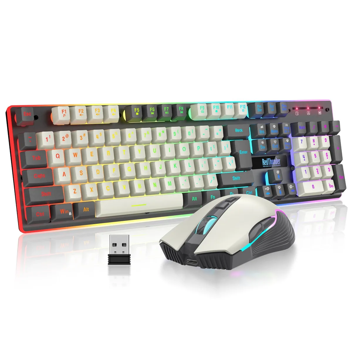 White and gray wireless keyboard and mouse combo with RGB backlighting, compact layout, shared USB receiver