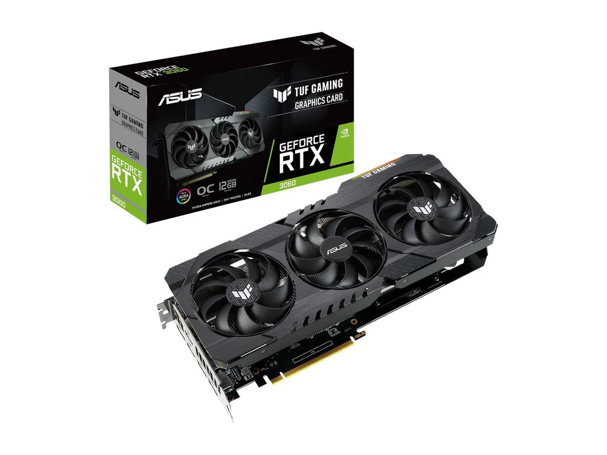 ASUS TUF Gaming RTX 3060 graphics card with triple-fan cooler in gunmetal finish