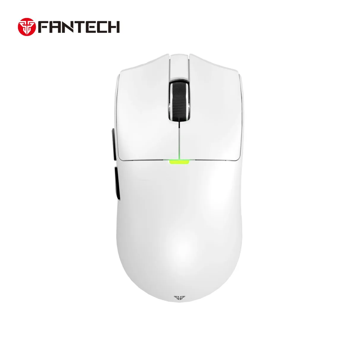 White ambidextrous wireless gaming mouse with symmetrical shape, matte finish, five buttons and USB-C cable visible