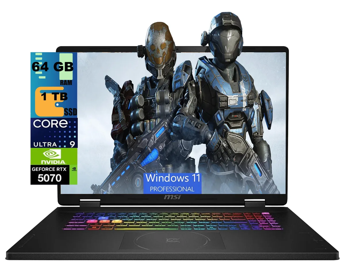 Black 18-inch gaming laptop with RGB keyboard