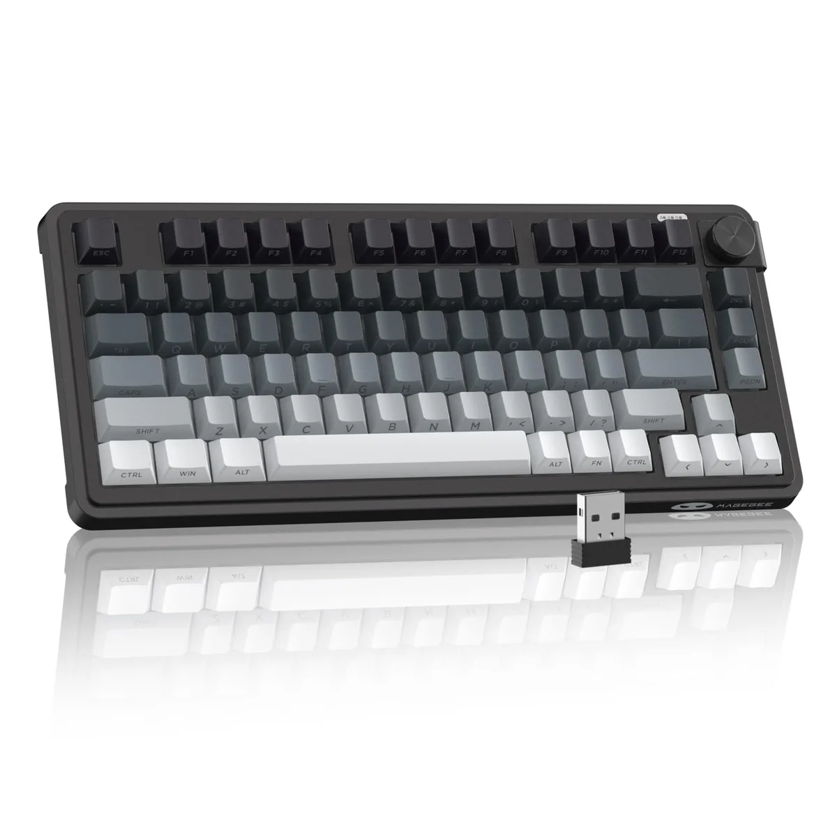 Black and grey 98-key wireless gaming keyboard with RGB backlight and rotary knob
