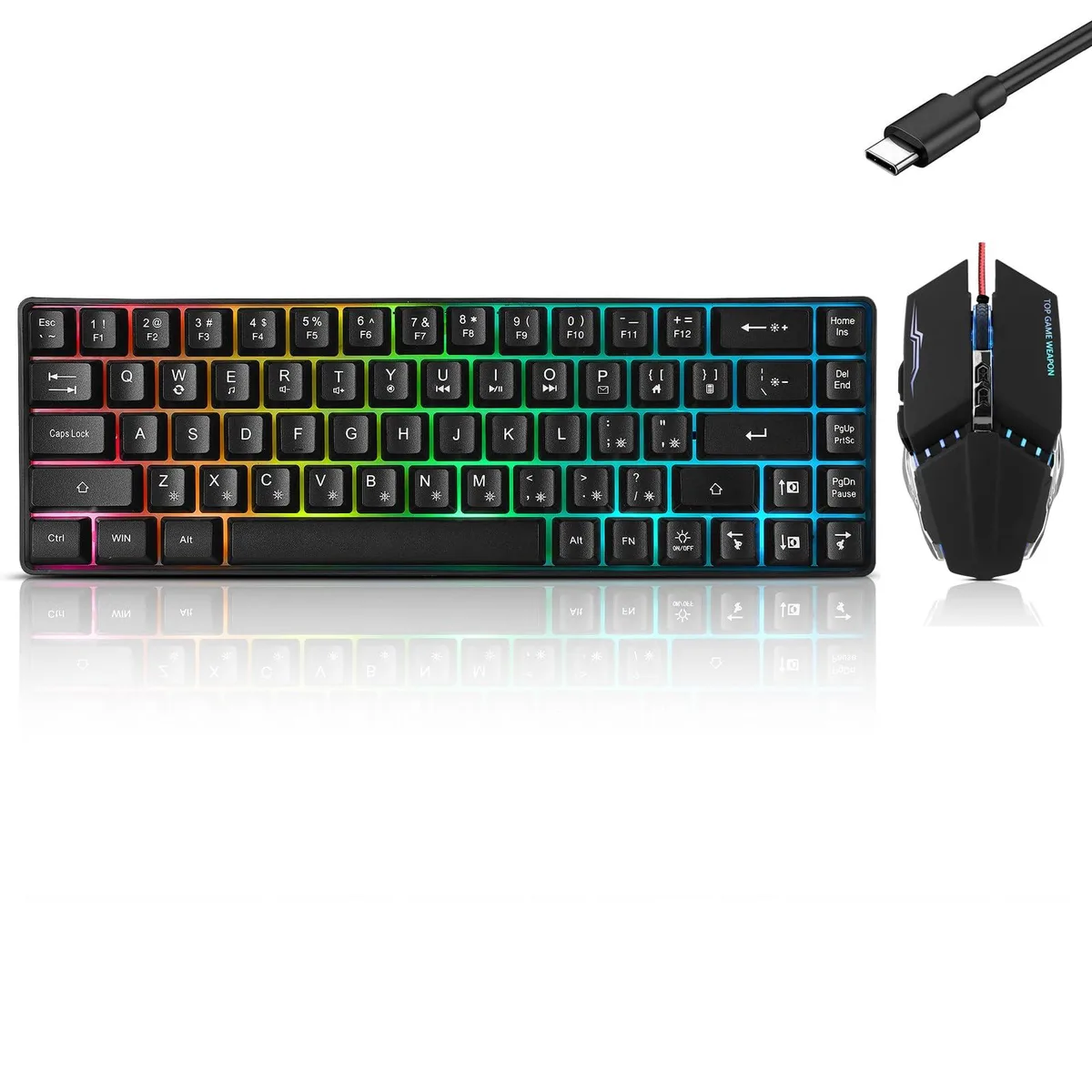 Black 60% keyboard with 61 keys and matching mouse, both matte plastic with RGB backlighting