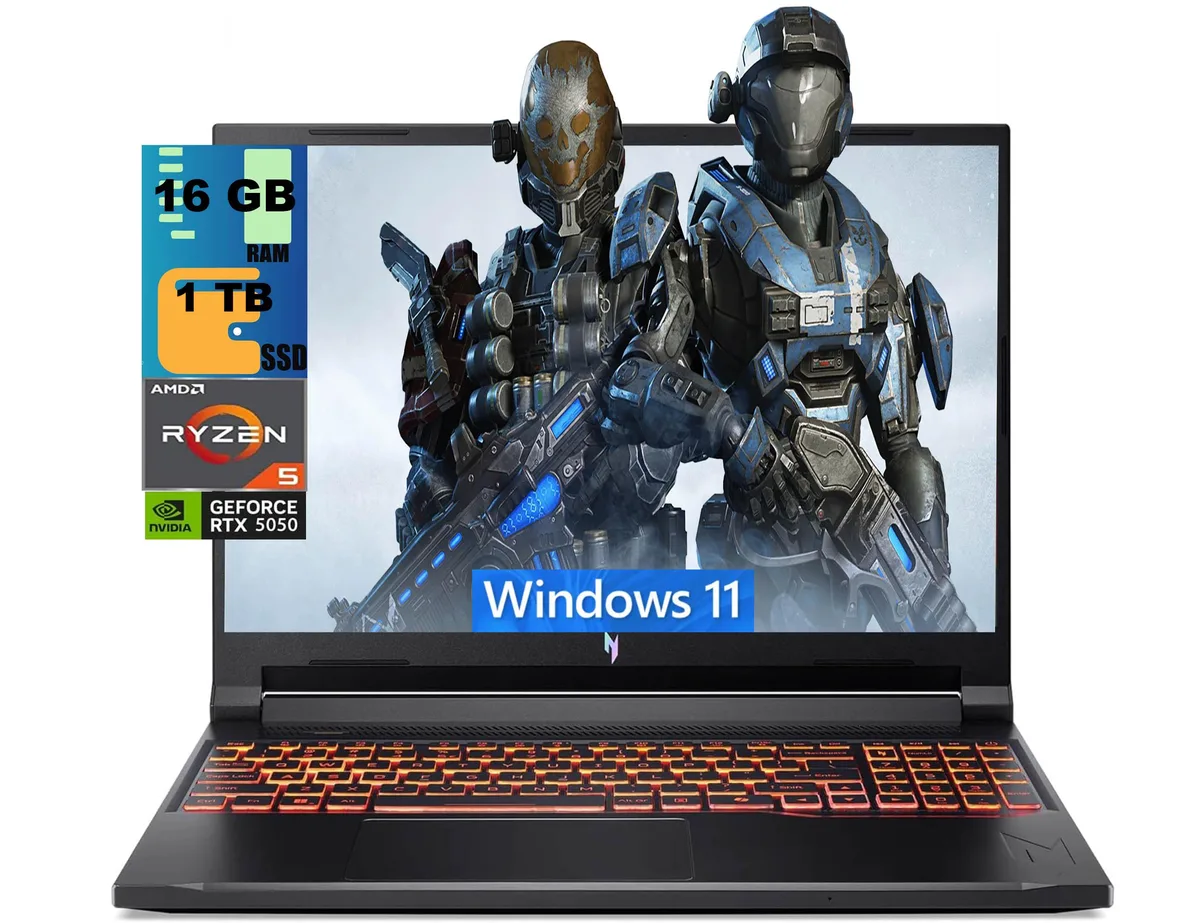 Black 16-inch gaming laptop with matte finish and backlit keyboard