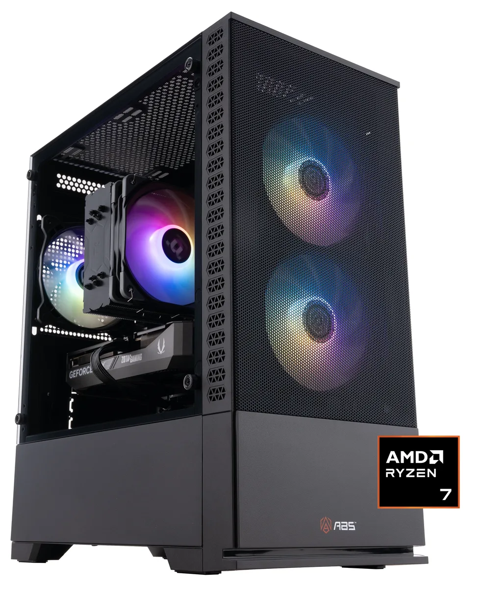 Mid-tower gaming desktop in black metal and glass with RGB lighting