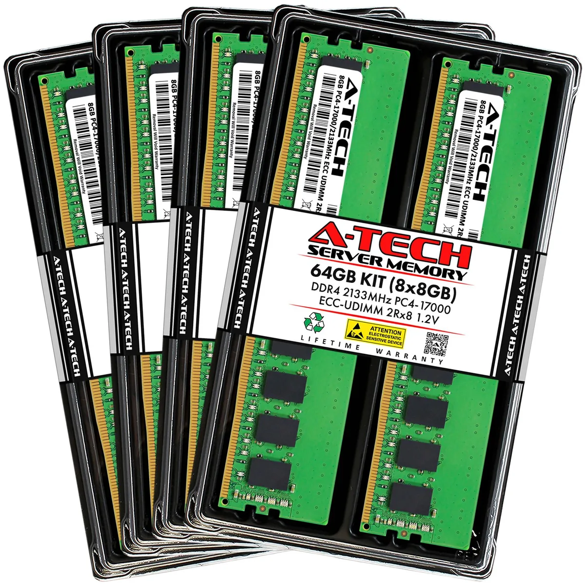 Eight green DDR4 ECC UDIMM sticks, no heat spreaders, 288-pin gold contacts