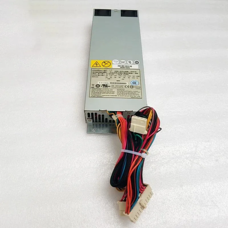 Silver rectangular server power supply unit with rear fan grille and power connector