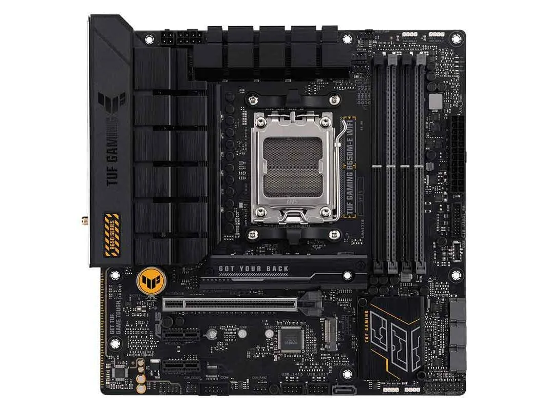 Micro-ATX motherboard, dark PCB with grey heatsinks, AM5 socket, DDR5 slots, rear I/O shield and Wi-Fi antenna included