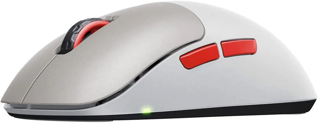 Grey symmetrical gaming mouse with ultra-low front profile and solid shell