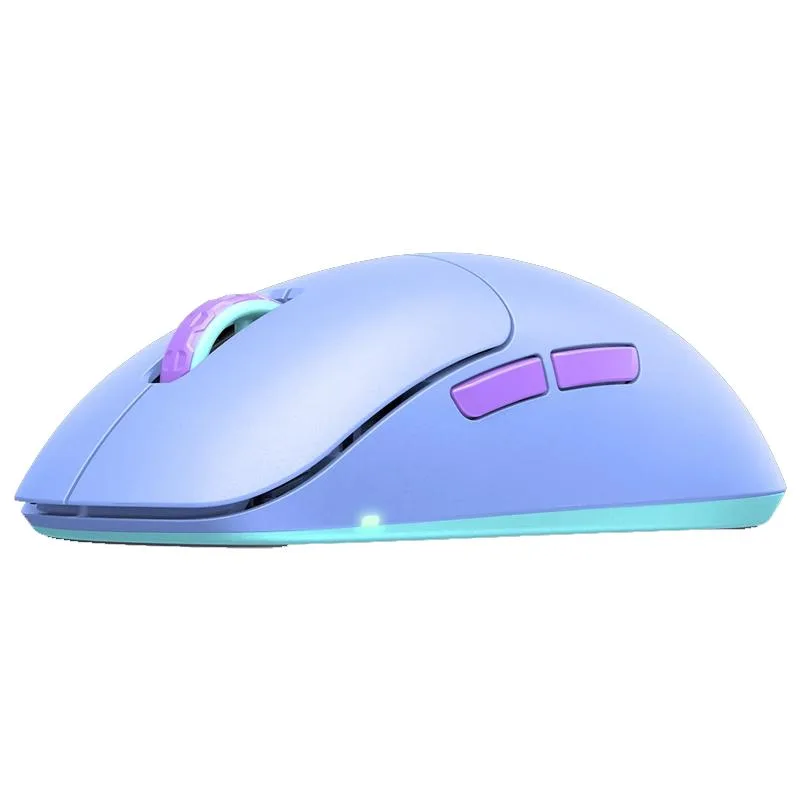 Purple ultra-light wireless gaming mouse, symmetrical low-profile shape, solid shell, 55 grams