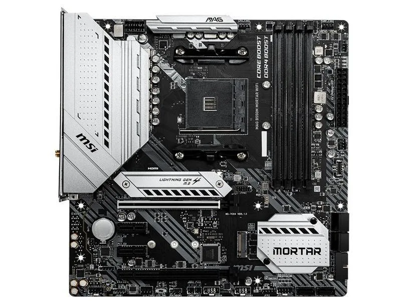 Black Micro ATX motherboard with silver heatsinks and rear I/O shield