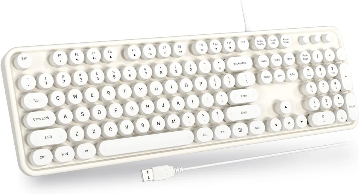 Full-size retro typewriter keyboard in creamy white with round keycaps and USB cable