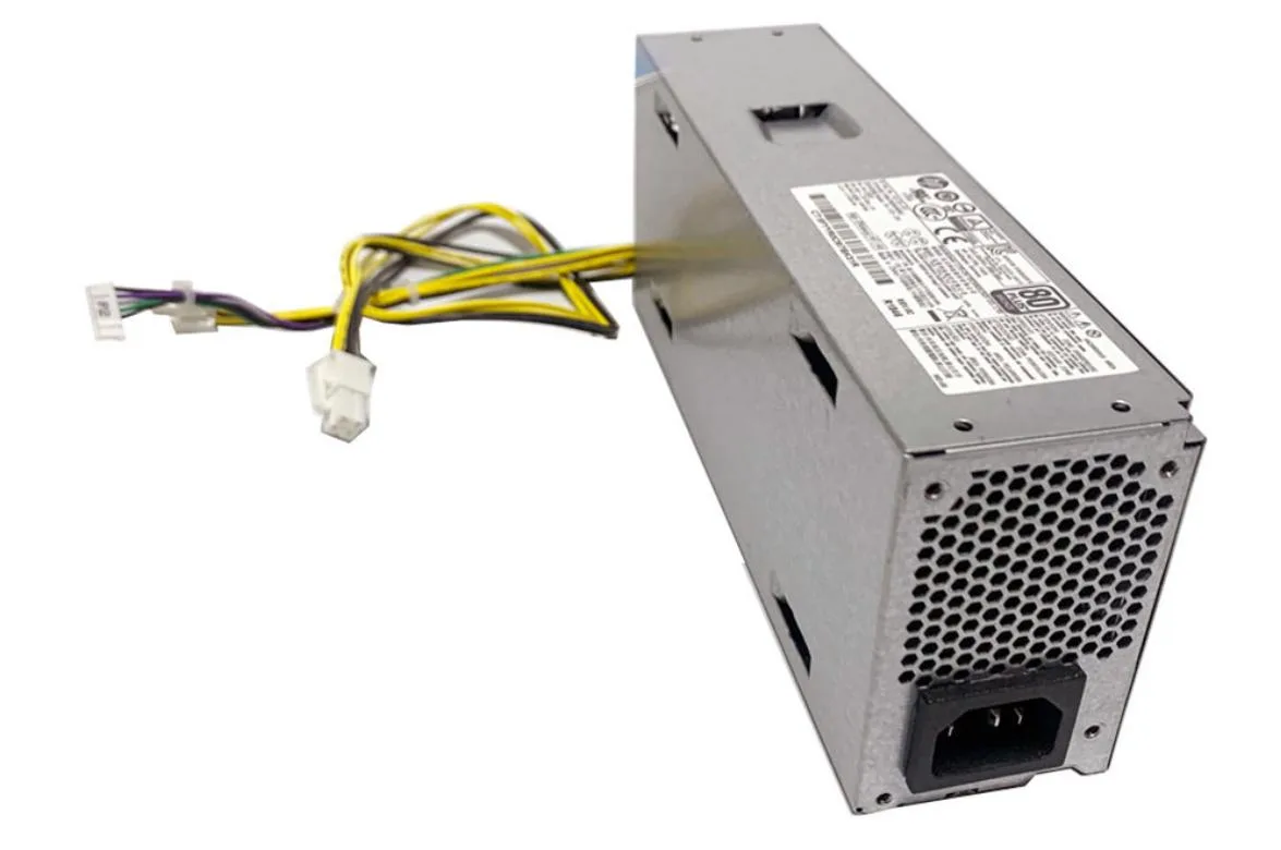Silver metal rectangular ATX power supply unit with ventilation grille and label showing 180W rating
