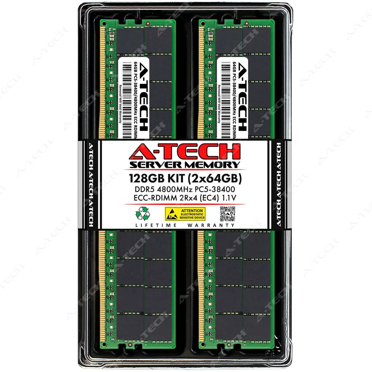 Two green DDR5 server DIMMs, 288-pin, no heat spreader, 128GB kit