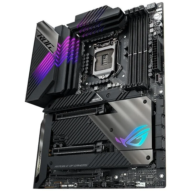 ATX motherboard with black PCB, silver heatsinks and LGA 1200 socket