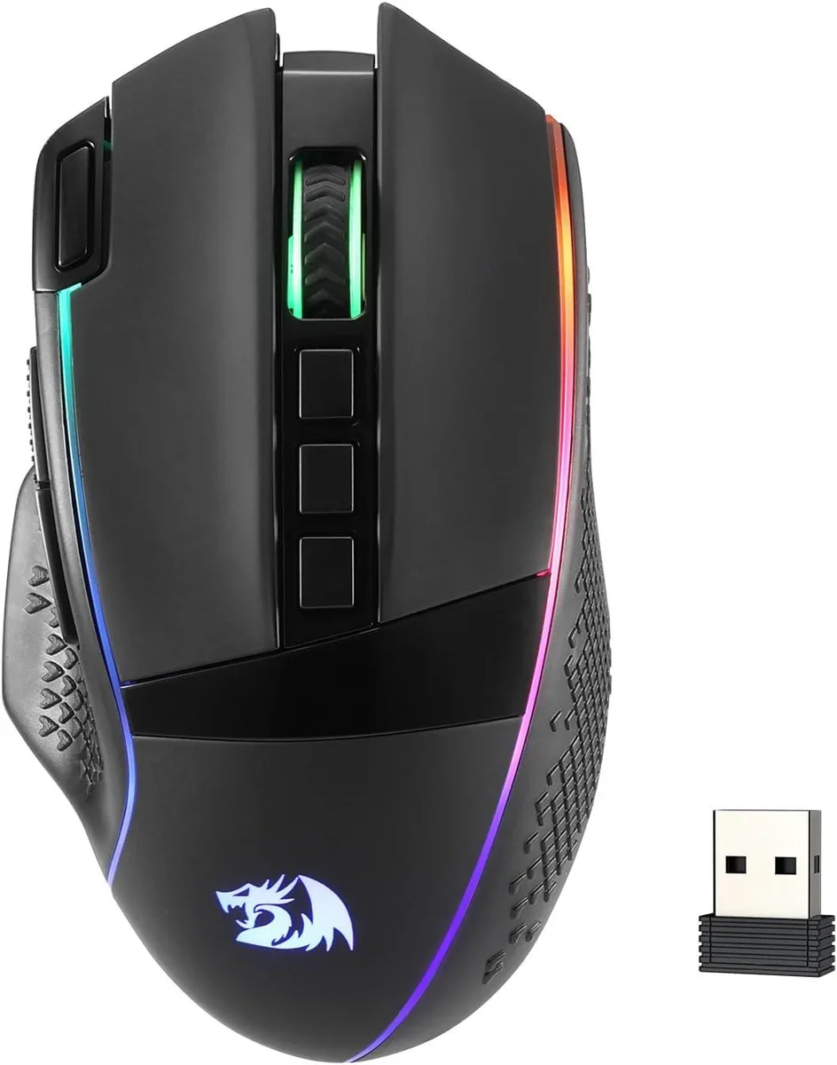 Right-handed wireless gaming mouse, matte black finish, nine programmable buttons, scroll wheel, RGB lighting zones