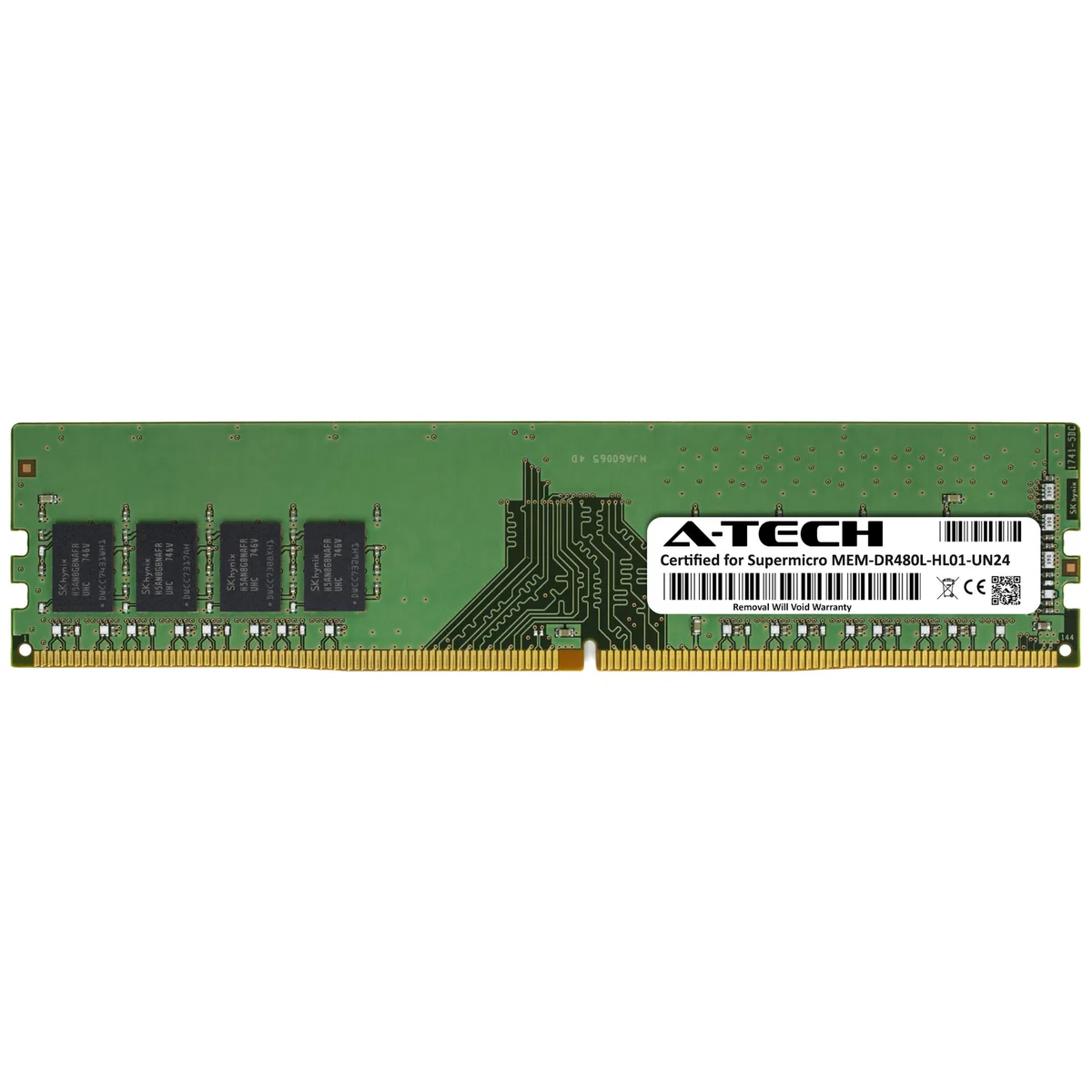 Green rectangular circuit board with black memory chips and gold edge connectors