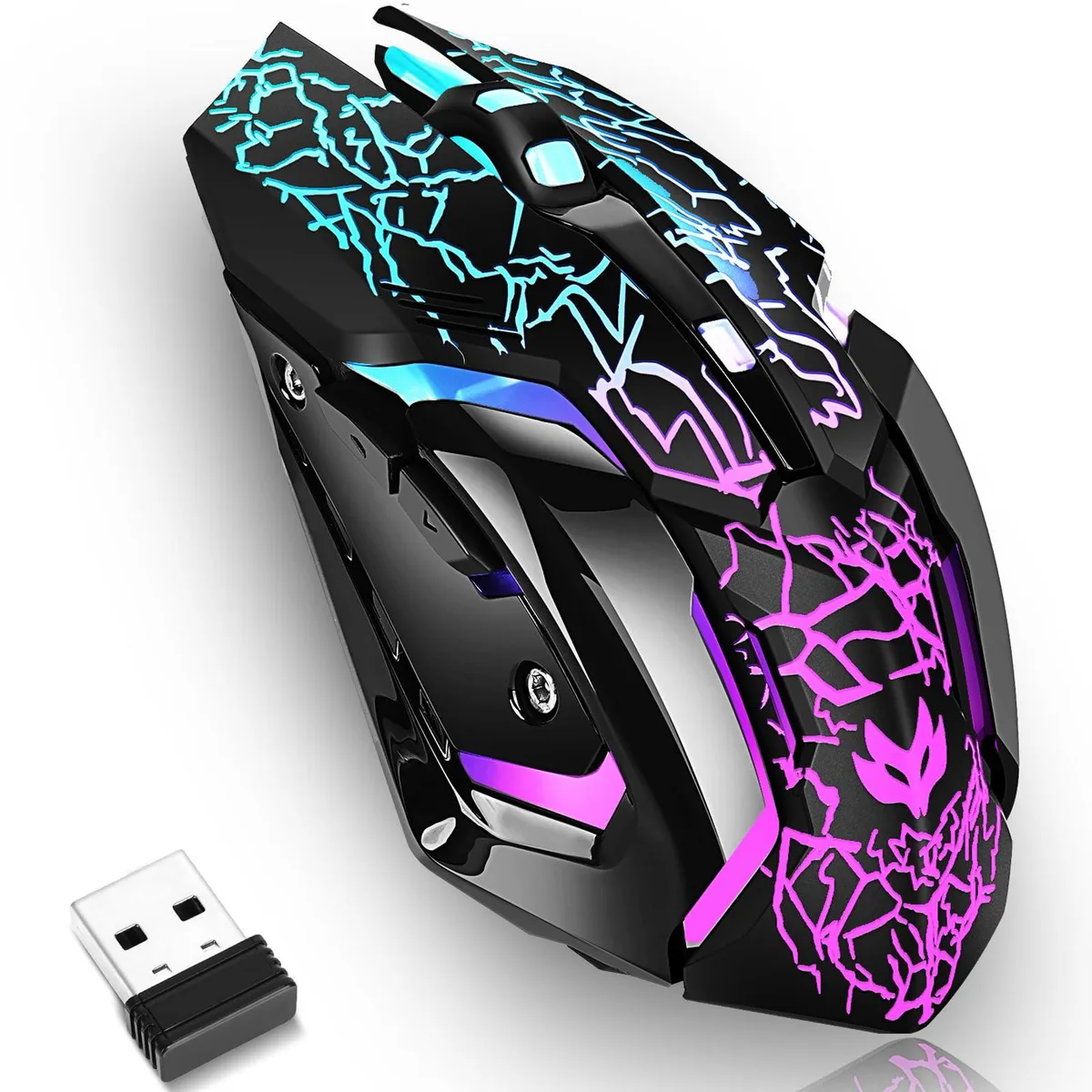 Black ergonomic wireless gaming mouse with 16 buttons and LED lighting
