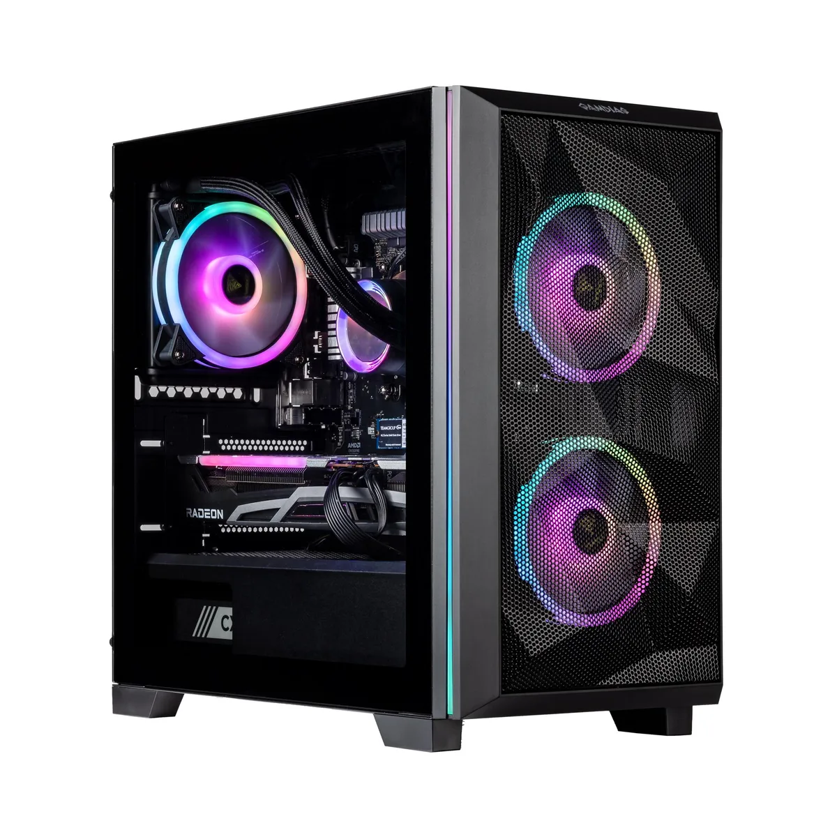Black micro-tower desktop with RGB-lit 120mm AIO cooler visible through side panel