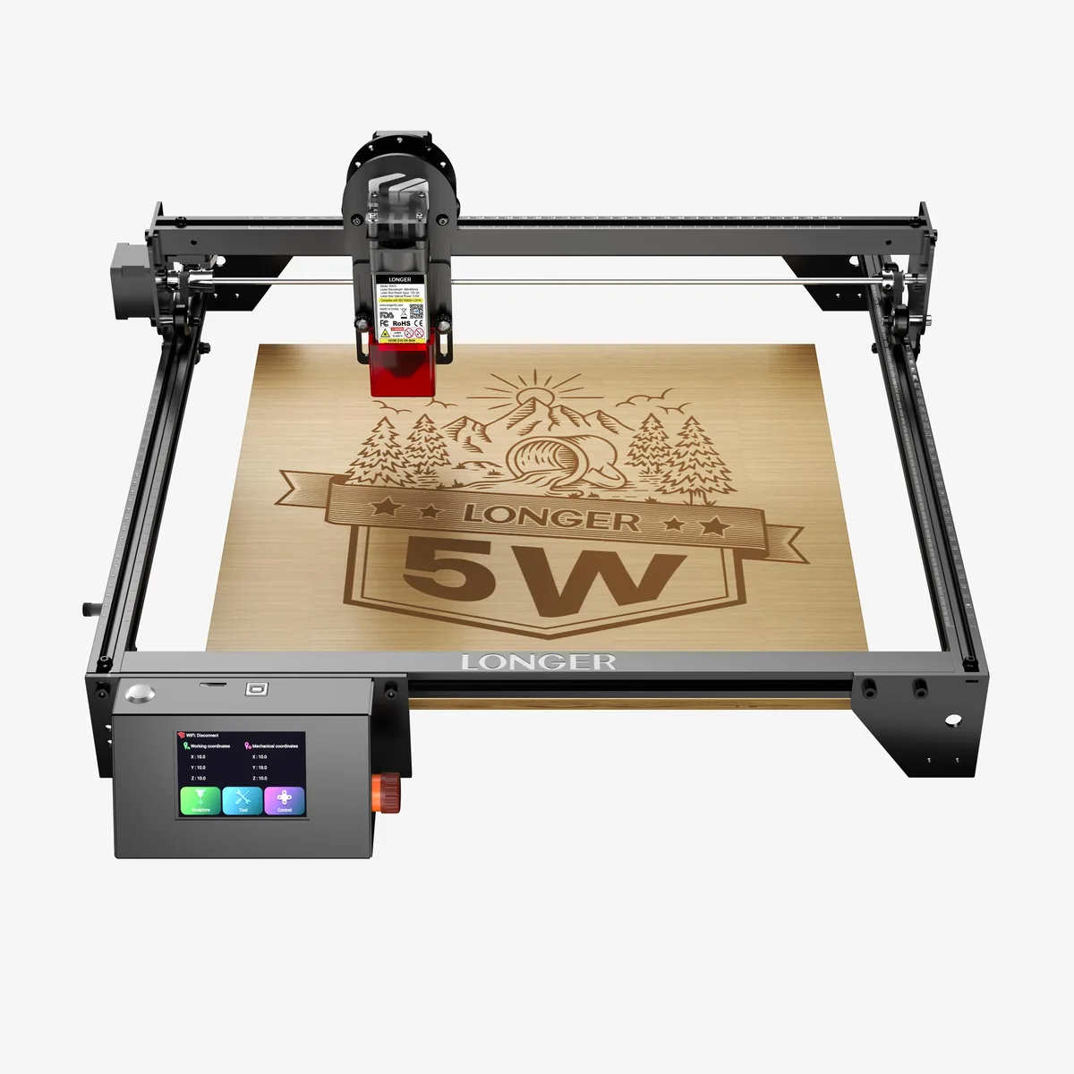 Open-frame diode laser engraver with 3.5-inch touch screen, 400 mm square work area
