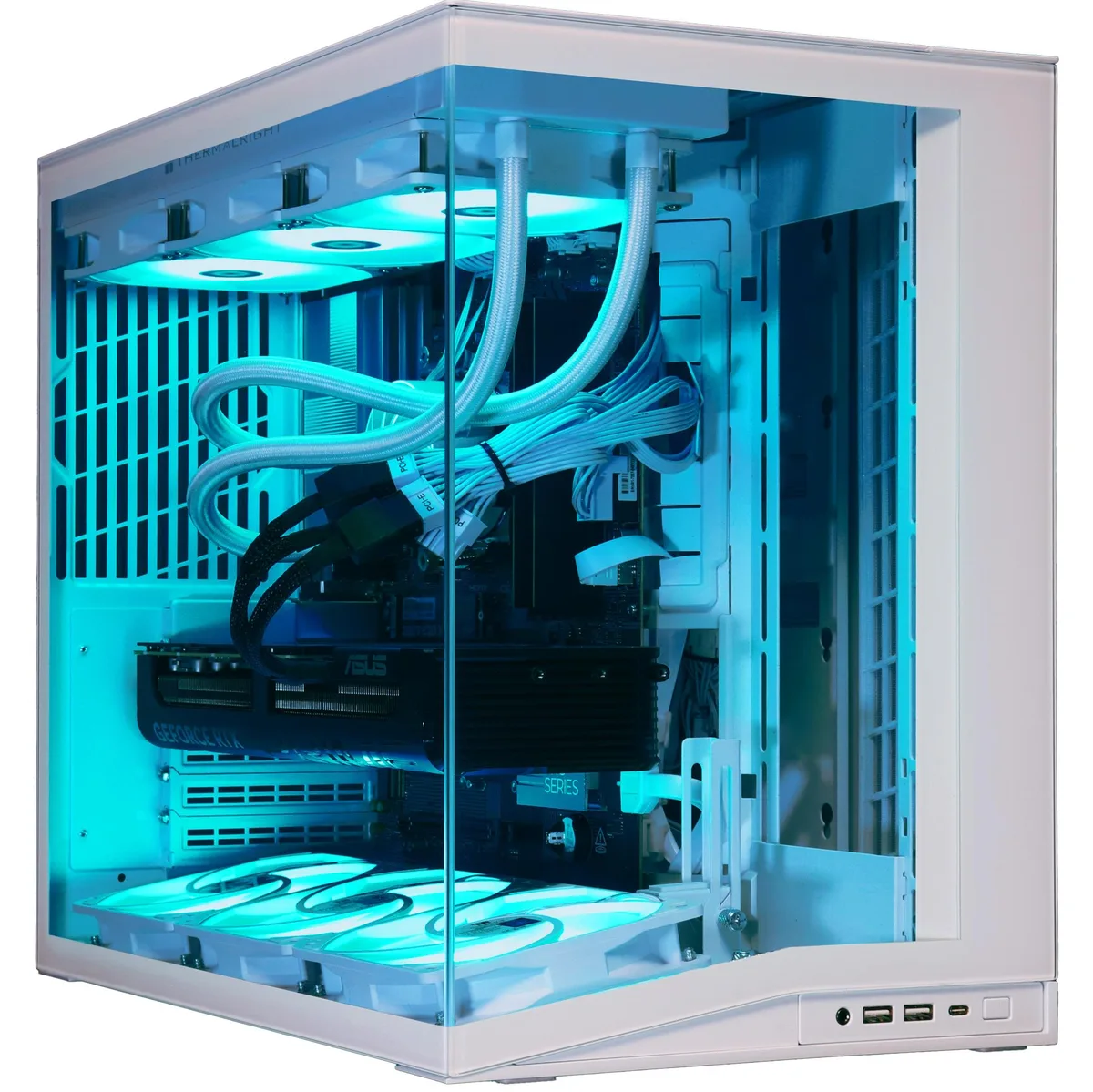 White Lian Li 011 Vision desktop with 360 mm AIO liquid cooler visible through glass panels