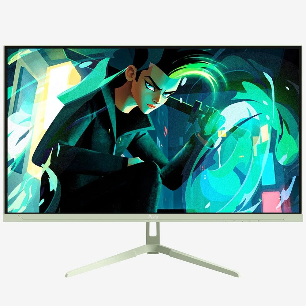 Mint green 27 inch frameless gaming monitor on stand