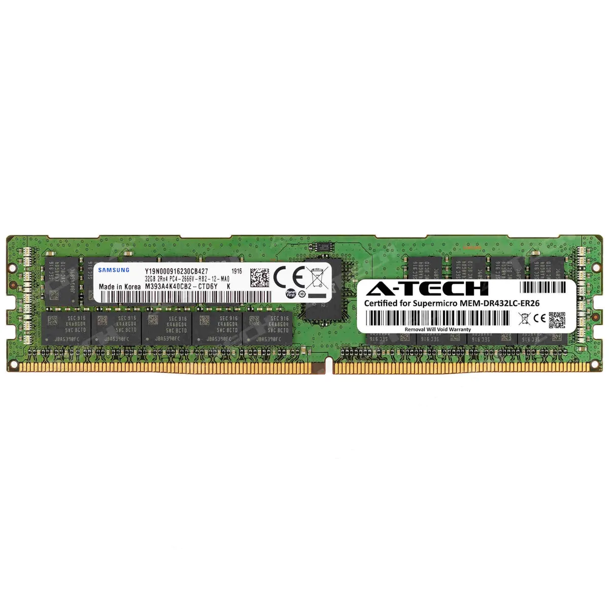 Green 288-pin DDR4 RDIMM module with black Samsung chips and a white label