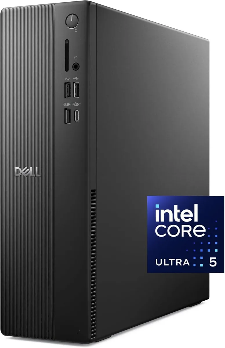 Compact black Dell ECS 1250 slim desktop tower with wired keyboard and mouse