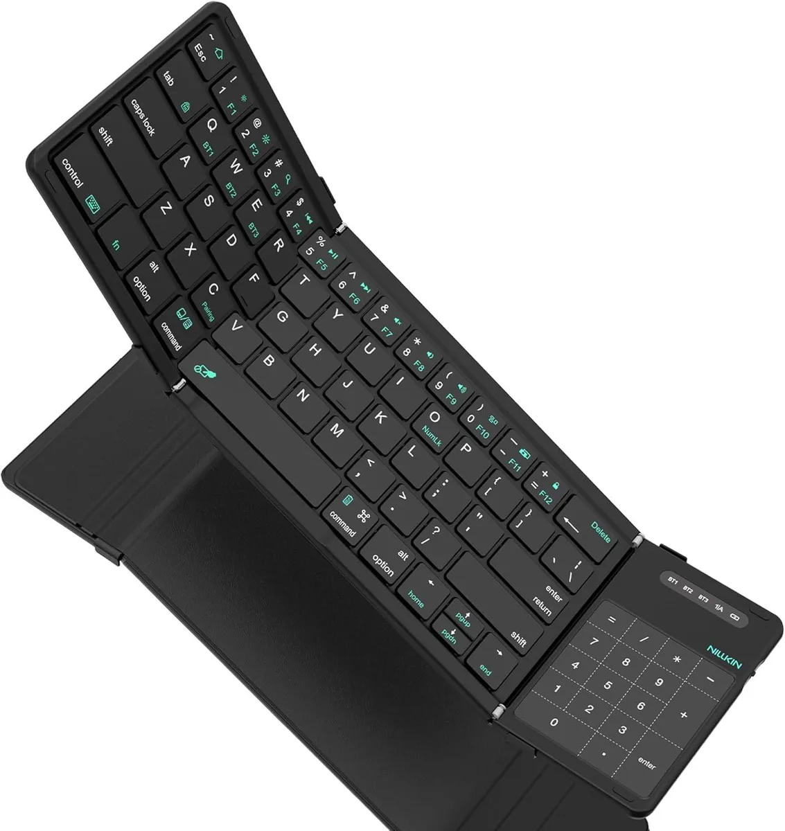 Black foldable keyboard with touchpad and number pad, closed size 7.1 by 4.2 by 0.6 inches