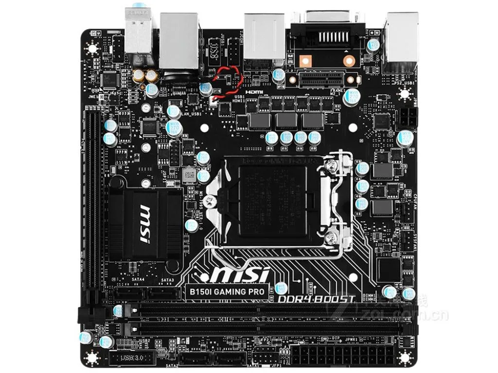 Green Mini-ITX board with silver PCIe slot and black I/O shield