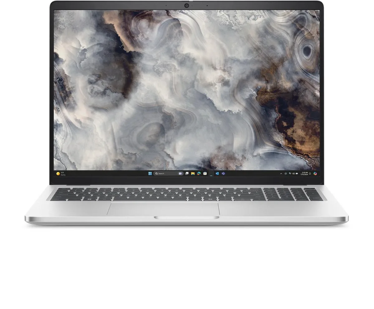 Silver aluminium 16 inch laptop, non-touch screen, closed lid showing Dell logo