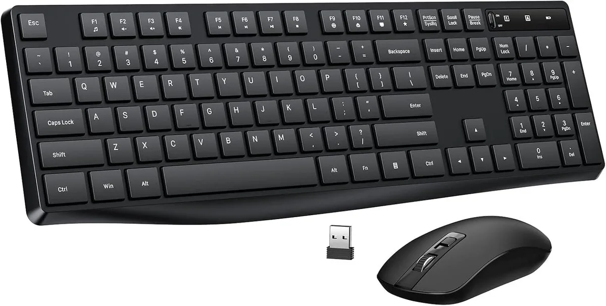 Black full-size wireless keyboard and mouse combo with USB receiver