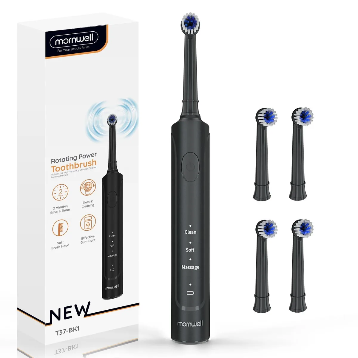  mornwell T37-Black Electric Toothbrush 3 Modes 8800 Oscillations USB Charging 4 Heads — product photo