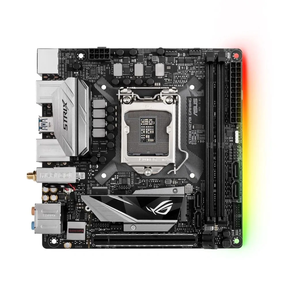 Mini-ITX motherboard with black PCB and silver heatsinks
