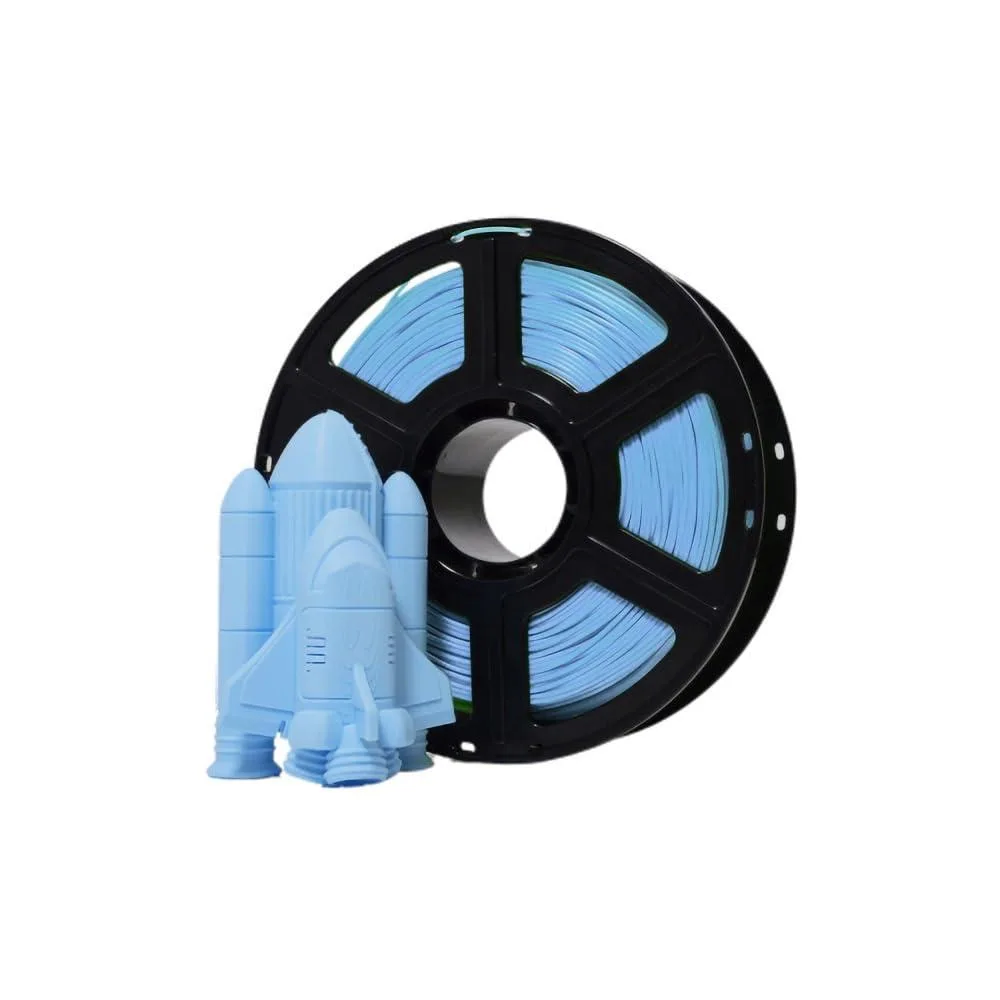 Spool of Frosty Blue PLA filament in a square box