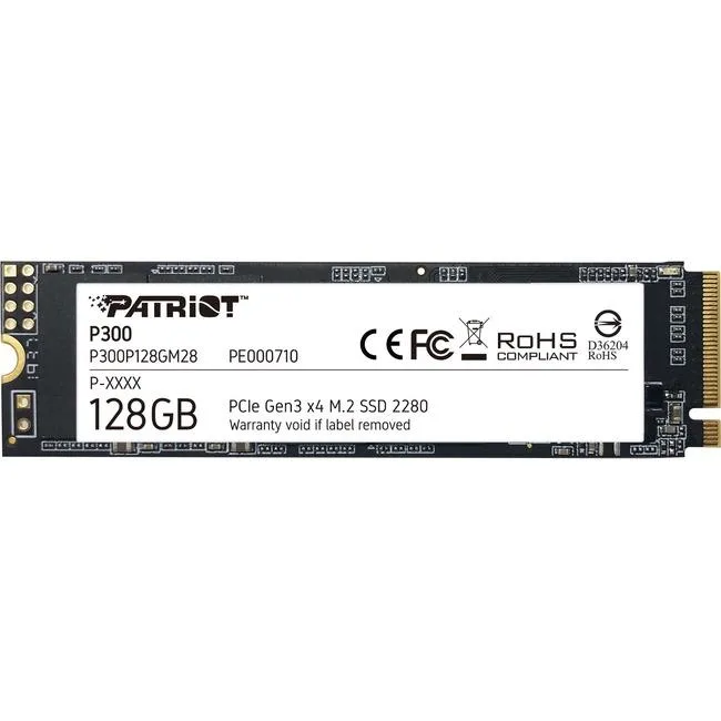 Patriot Memory P300 128 GB M.2 2280 NVMe SSD with black circuit board and gold edge connector