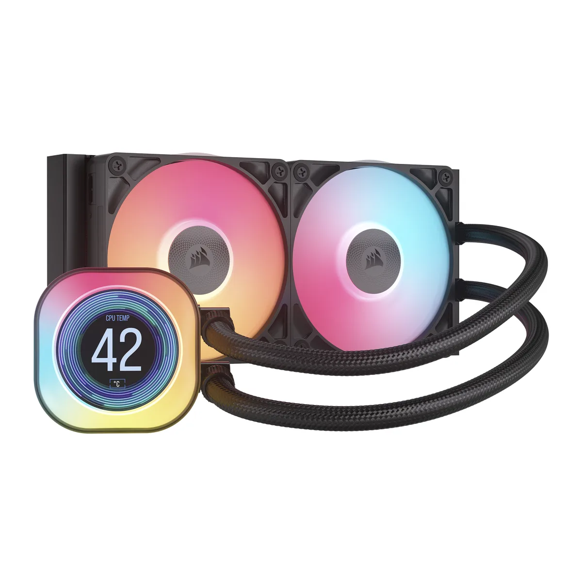 Black 240 mm AIO radiator with two 120 mm RGB fans and a 2.1 inch IPS LCD pump block