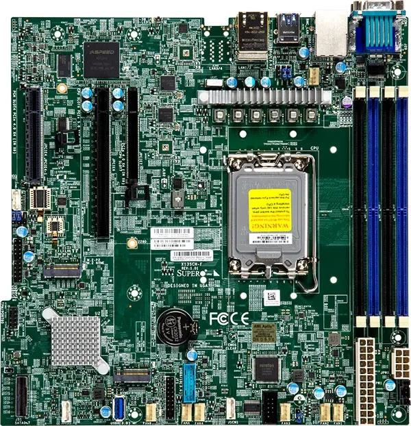 Green mATX server motherboard, silver LGA 1700 socket, four DDR5 slots, full-height PCIe x16 and two x8 slots