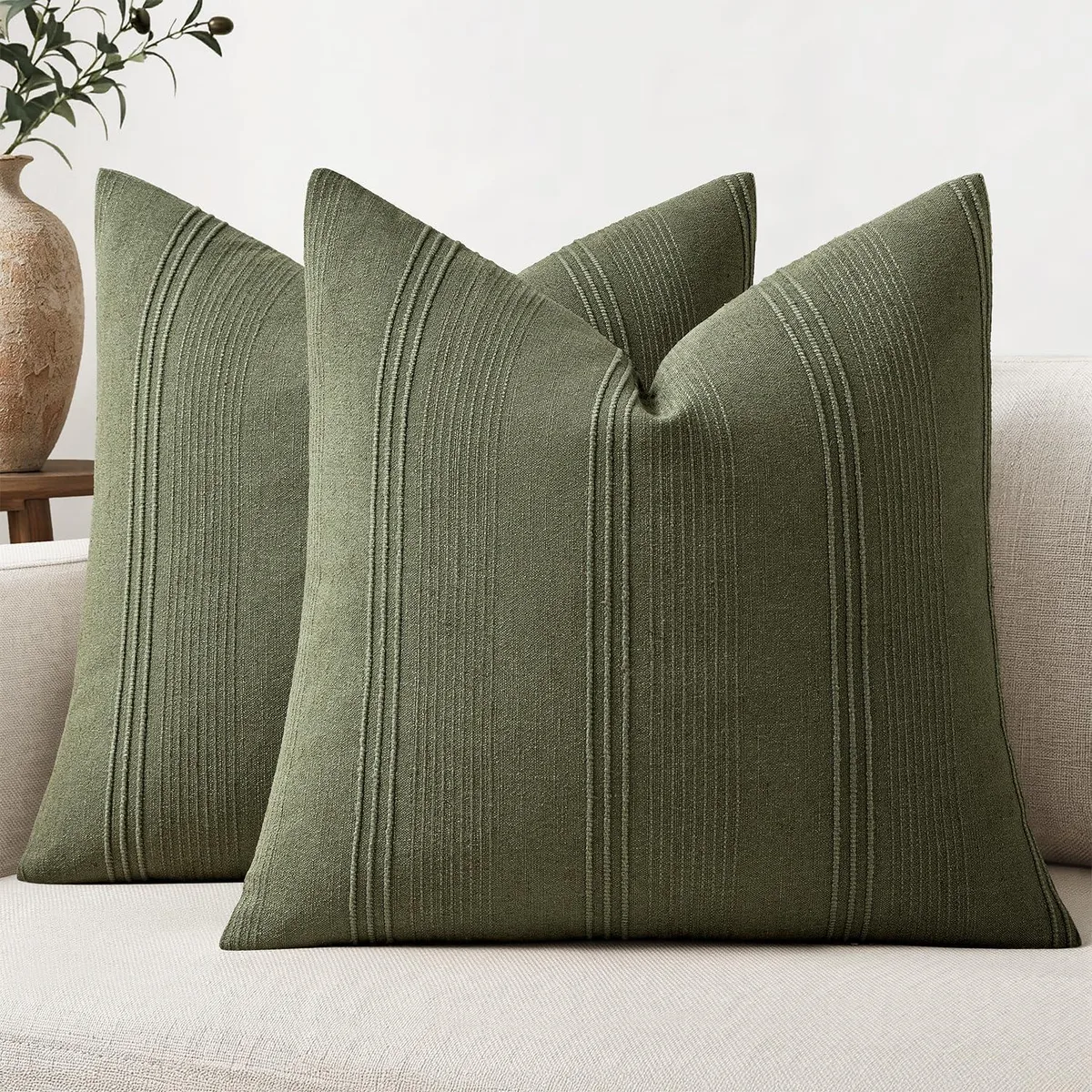  MIULEE Striped Pillow Covers 20" Olive Green 2 Pack Bedroom Accents — 商品照片