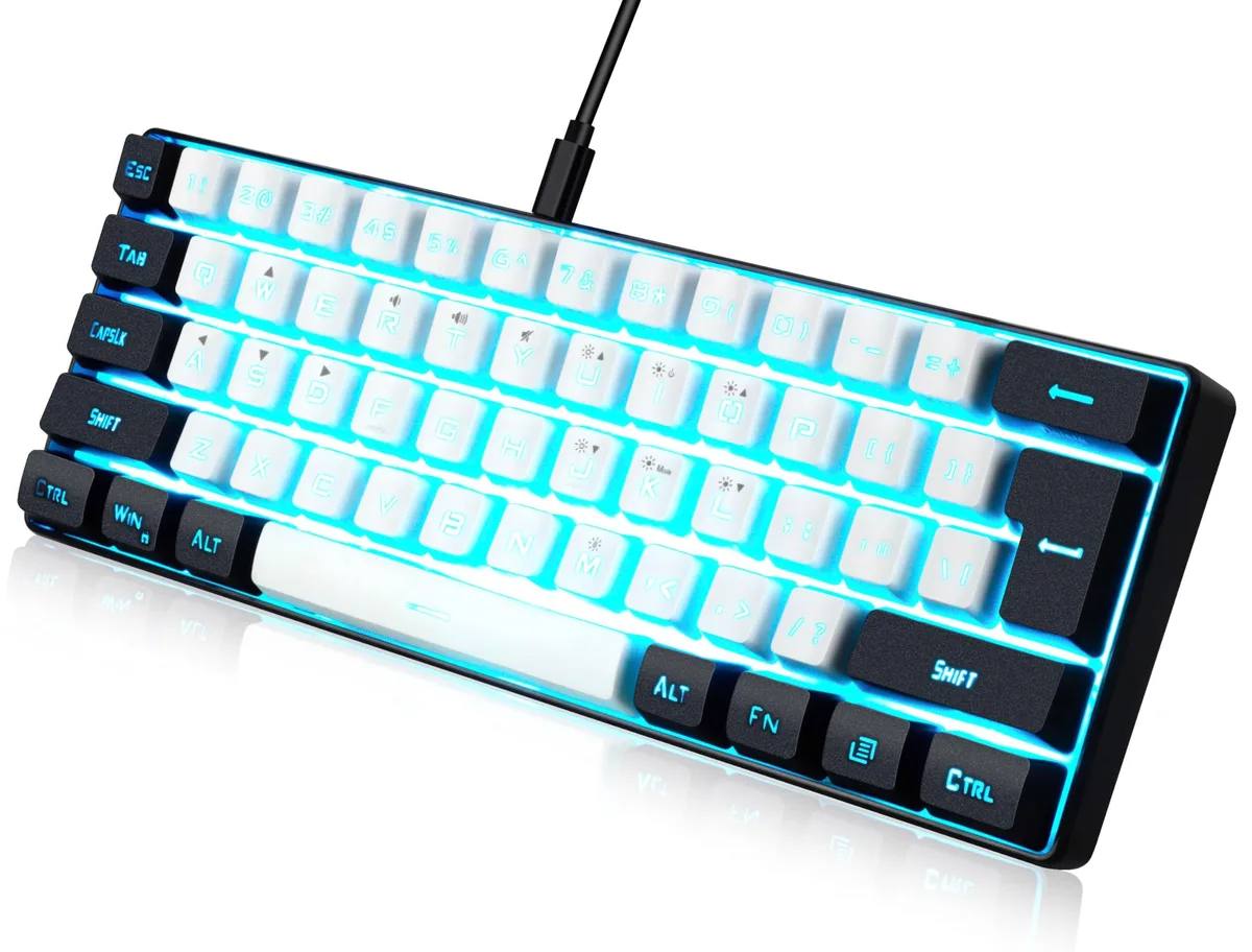 White and black compact 61-key wired gaming keyboard with RGB backlighting and detachable USB-C cable