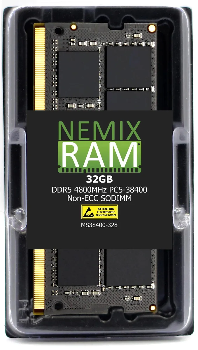 Green printed circuit board with black memory chips, 262-pin SODIMM form factor
