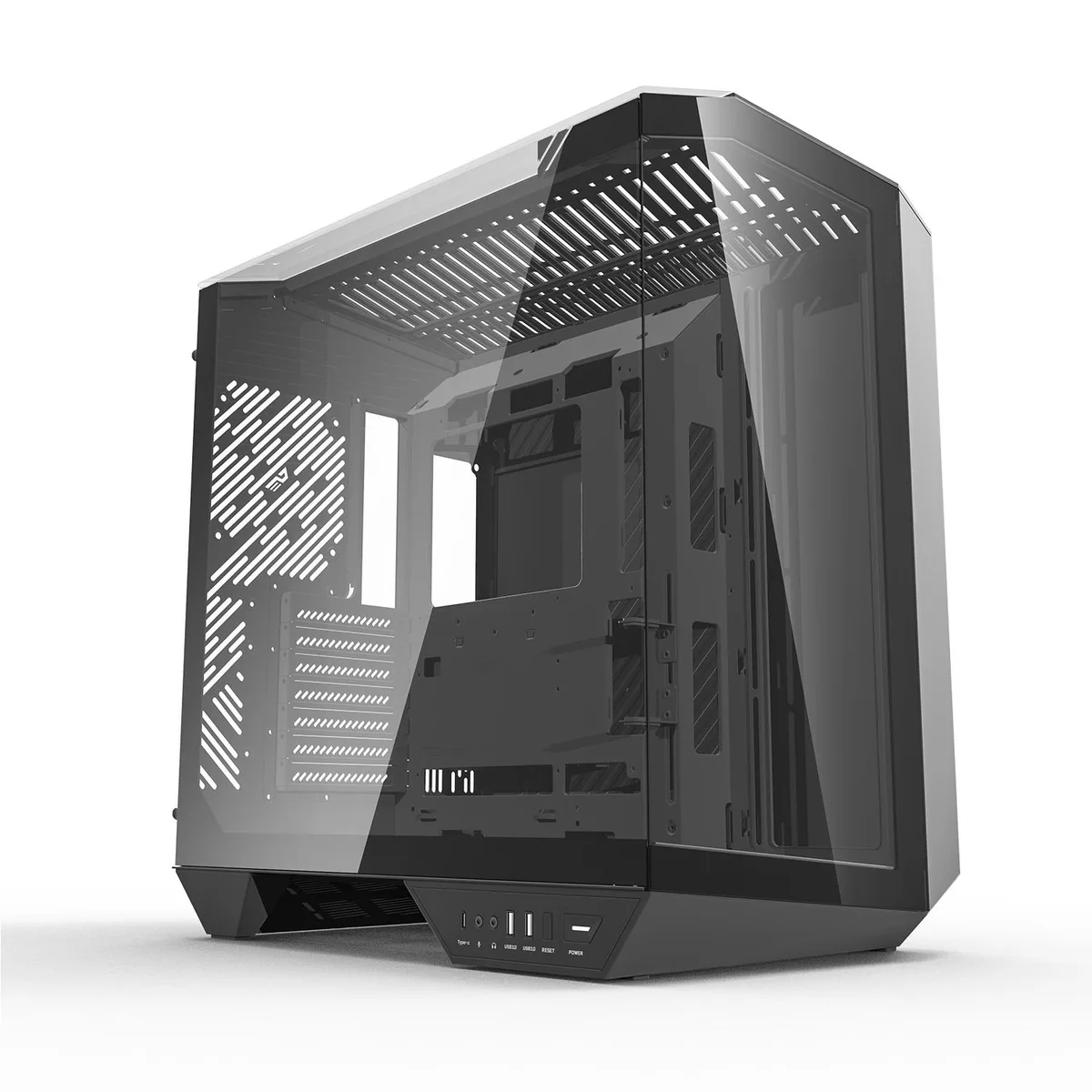 Black full-tower ATX case with 330-degree panoramic tempered glass panels